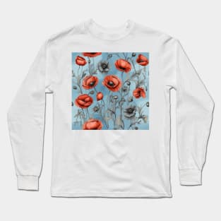 Peachy Red and Ash Poppies Floral Pattern on Dusty Sky Blue Long Sleeve T-Shirt